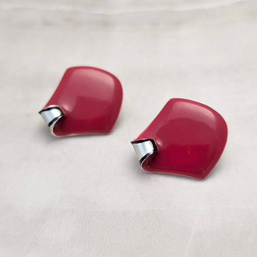 Vintage Clip On Earrings Very Unusual Red Enamel Curved Top - Some Marks